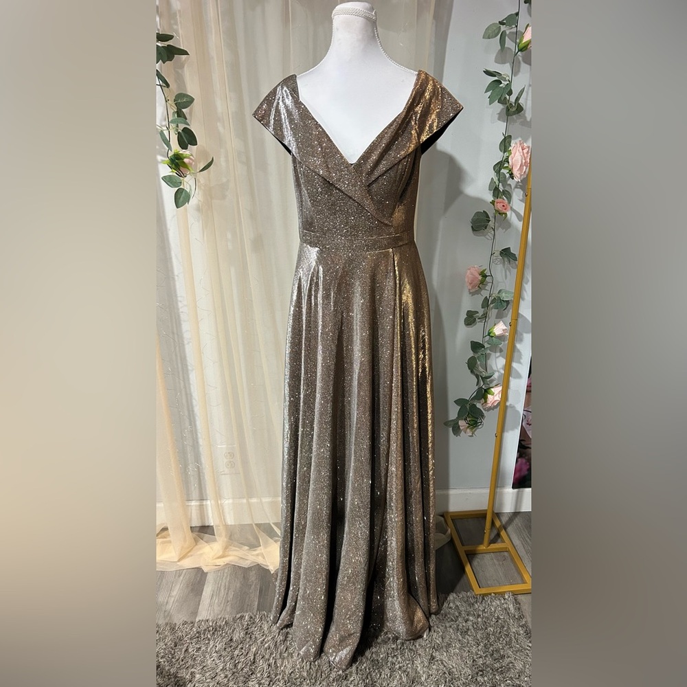 Xscape Bronze Glitter Off-Shoulder V-Neck Maxi Gown